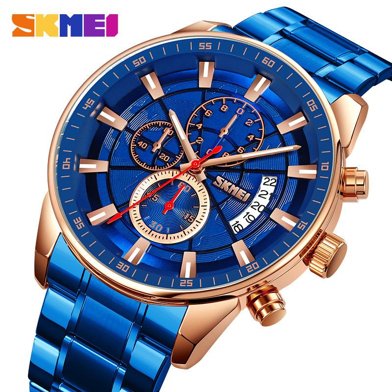 British style fashion large dial men's steel belt watch three-eye calendar quartz watch service watch men