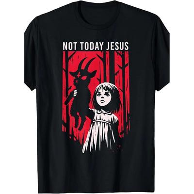 Herren 100% Baumwolle Heißprägung/Druck T-Shirt100% Hergestellt in Amerika Nicht Heute Jesus Satan Goth Schwarz Ziege Dämon