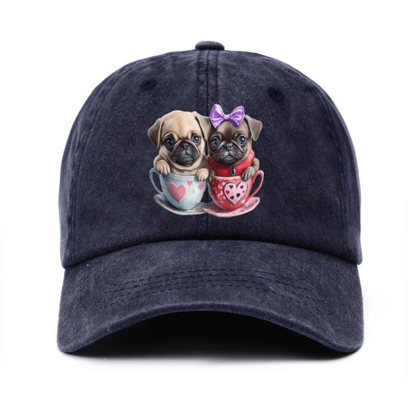 Cute Pug Puppies in Teacups Print Adjustable Baseball Cap Denim Casual Hat for Unisex