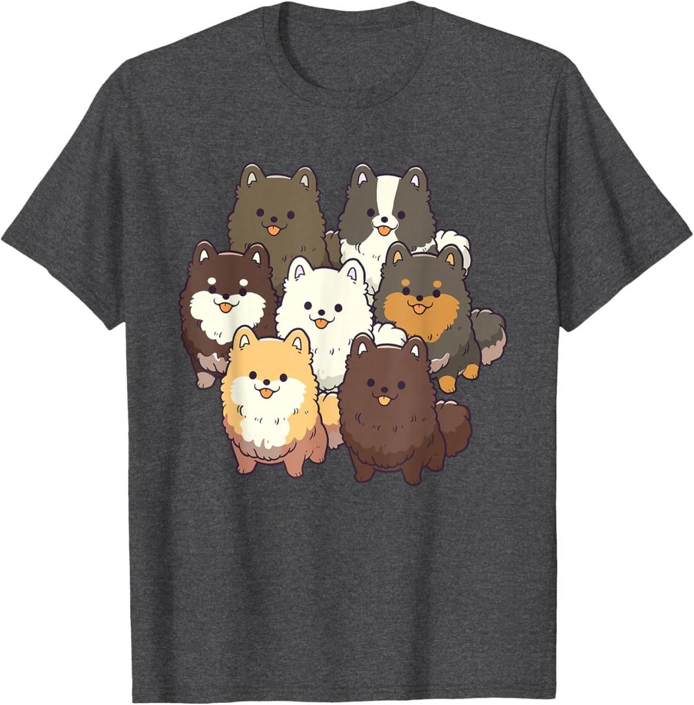 Cute Pomeranian Dog Group Cartoon Print Casual Cotton T-Shirt for Men Trip