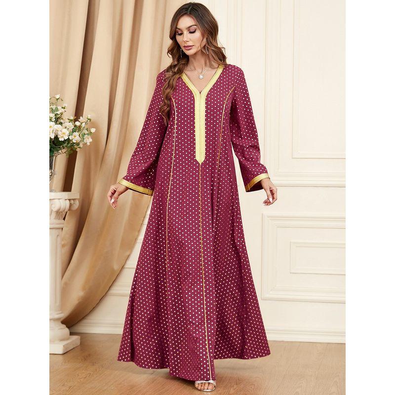 

Ближний Восток Турция Индонезия Арабская одежда Женская одежда V-образный вырез Инкрустированный золотой край Модное трансграничное платье Халат Халат Burgundy XL