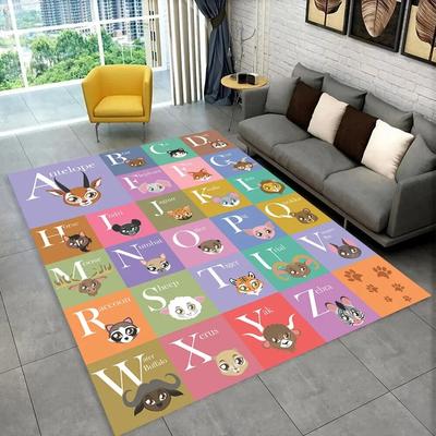 Cartoon Tier Alphabet Teppichmatte - Kinder Lernteppich mit bunten kreisförmigen Mustern Rutschfest Wohnzimmer Heimdekoration