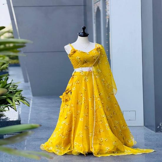 Mustard Marigold Floral Organza Lehenga Choli FREE SIZE