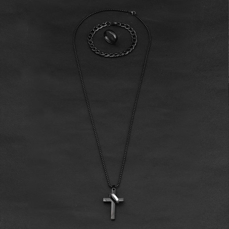 Nuovo Anello in Acciaio Inossidabile Moda Personalità Collana a Croce per Uomo Catena Cubana Set di Gioielli in Acciaio di Titanio