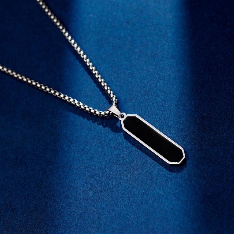 Minimalist Geometric Necklace: Steel Chain with Black Drip Oil Titanium Bar Pendant