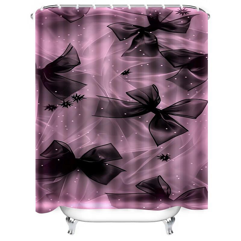 Black Bow on Pink Background Waterproof Shower Curtain Heat Resistant Machine Washable Non-Transparent 180x180cm