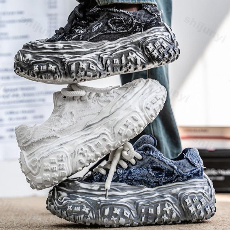Fashion Niche Denim Patchwork Design Breathable Casual Shoes Men 2025 Spring Fashion Trend Thick Soled Shoes Comfortable Chunky sneakers