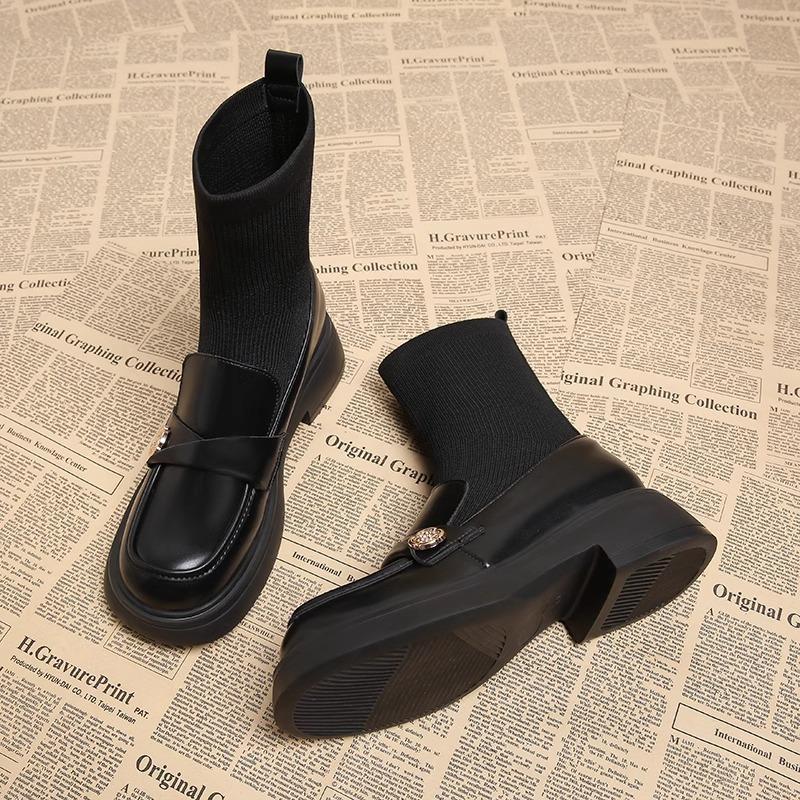 Leather short boots women's new thin boots autumn and winter flat Martin boots elastic boots autumn and winter thin