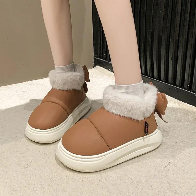 Fashion Women's Snow Boots Winter Warm Thick Ankle Boots Outdoor Anti Slip Furry Bow Cotton Shoes Comfortable Boots