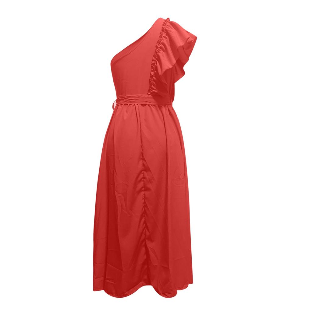 Dames Eén Schouder Jurken Schuine Schouder Houten Oorbel Tailleband Jurken