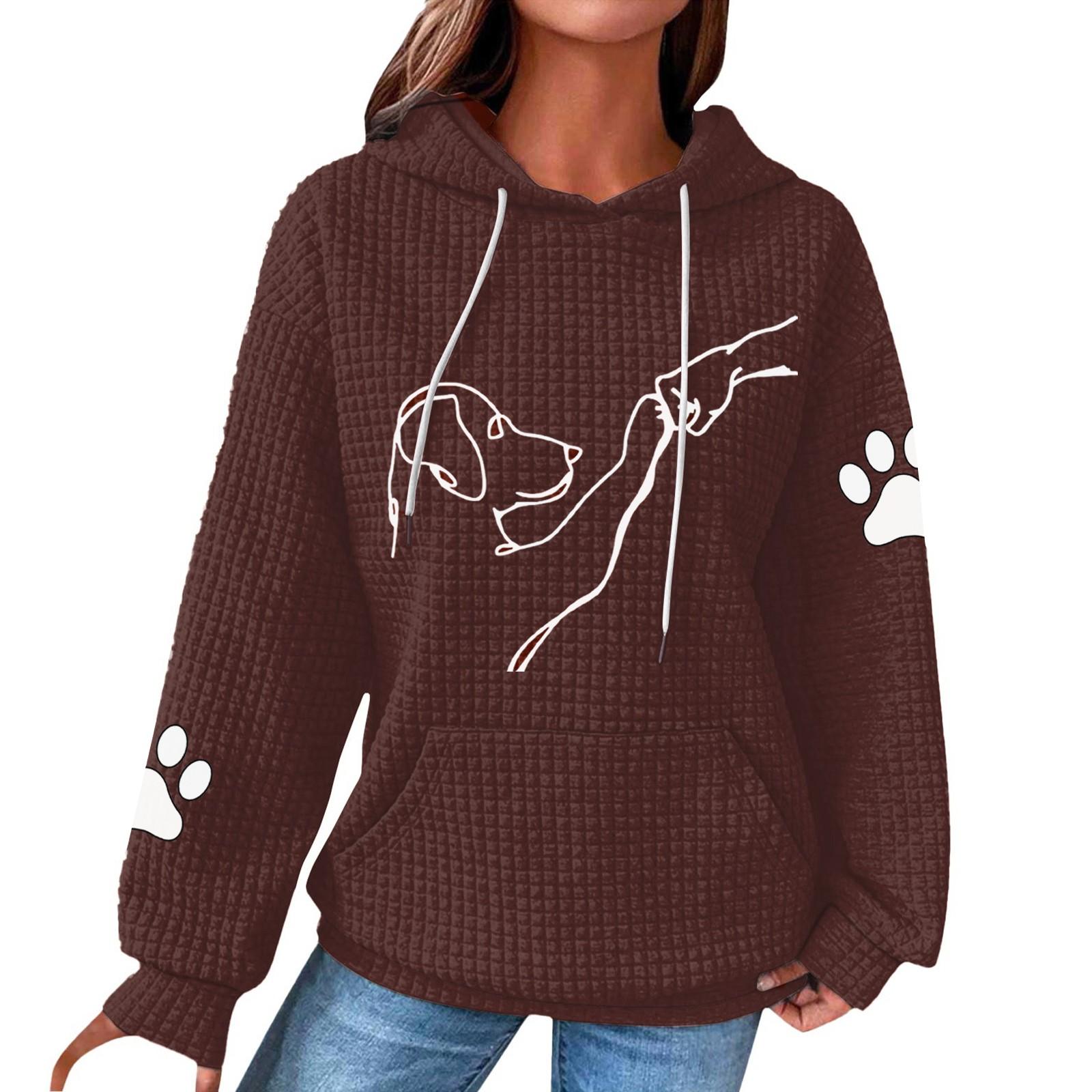 Women s Fashion Loose Dog Print Hooded Jumper Long Sleeve Patchwork Plaid Hoodie Top L