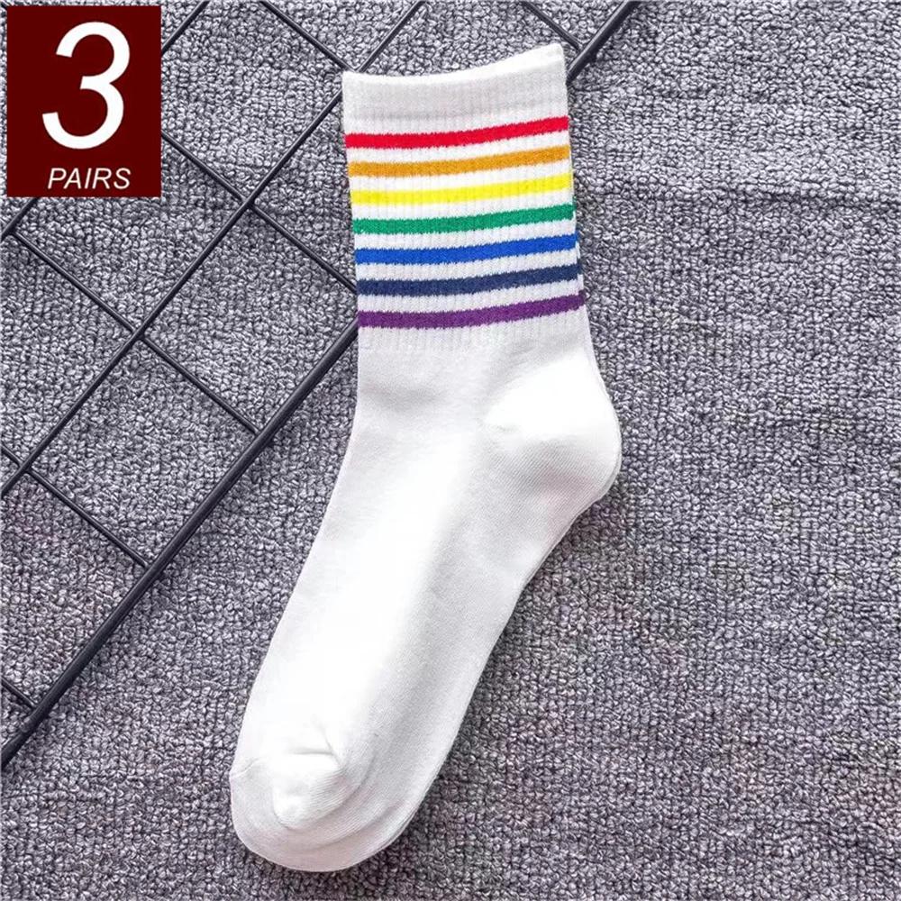 3 Pairs Rainbow Cotton Socks Women High Quality Cotton Socks Street Ins Fashion Stripe Stacked Mid Tube Sports Sokken