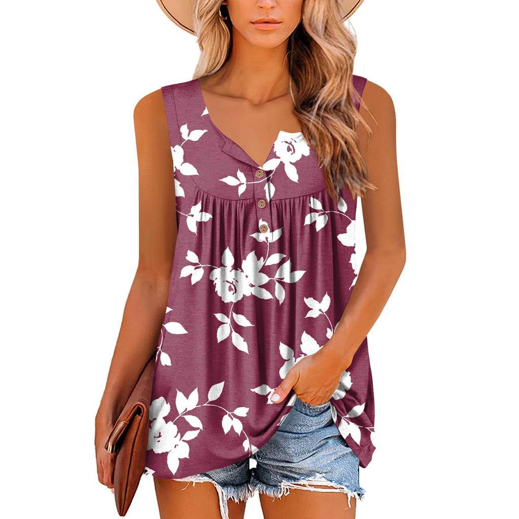 Women's Fashion Floral Printing Pleated Sleeveless Casual T-shirt Vest Button Top