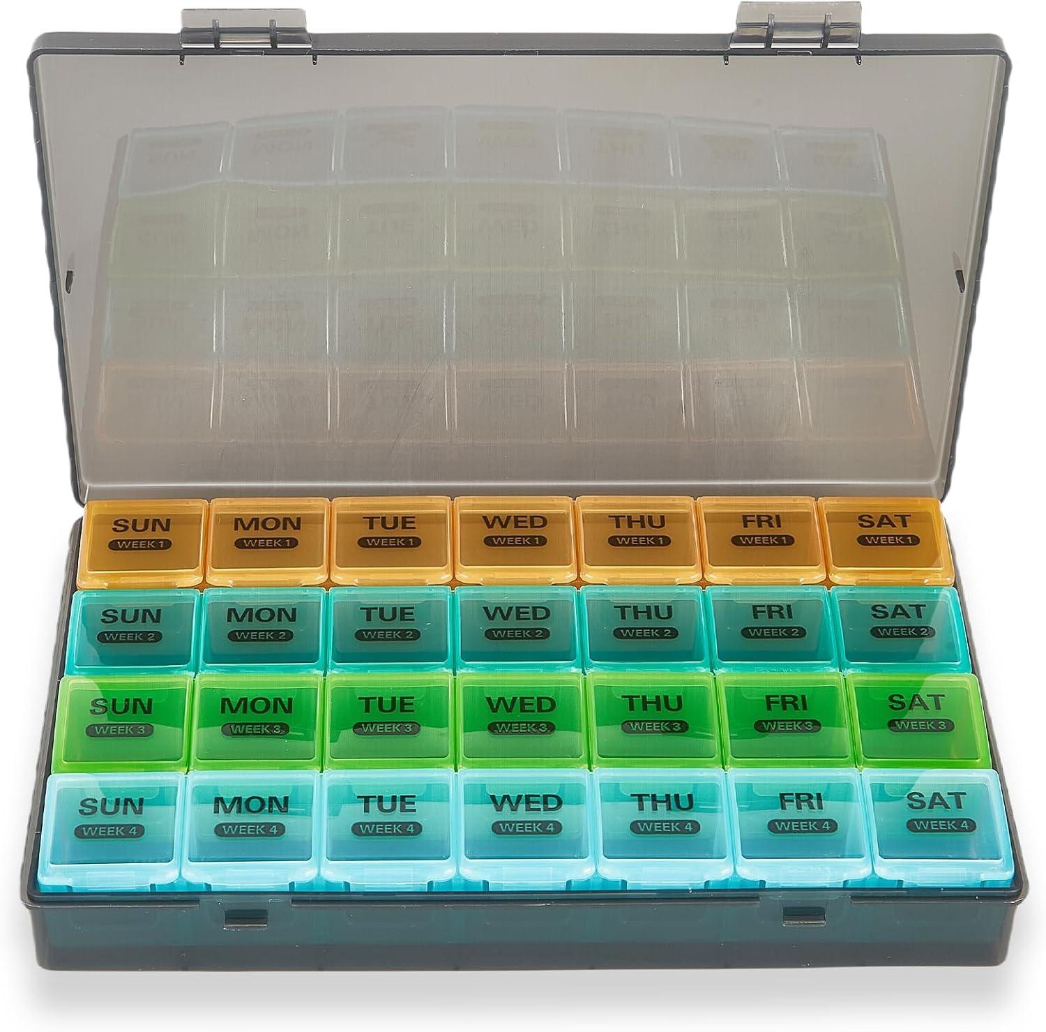 

Large Portable Travel Monthly Pill Organizer 4 Weeks A Month 28 Days Pill Box Case for Vitamins Supplements Fish Oil Medication