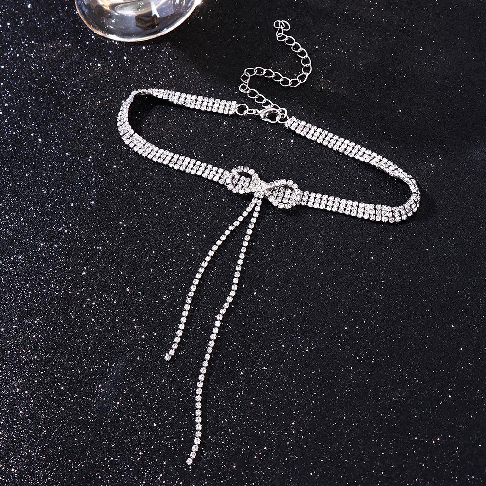Vintage Geometric Bow Pendant Tassel Neck Jewelry Crystal Woman Clavicle Choker Korean Necklace
