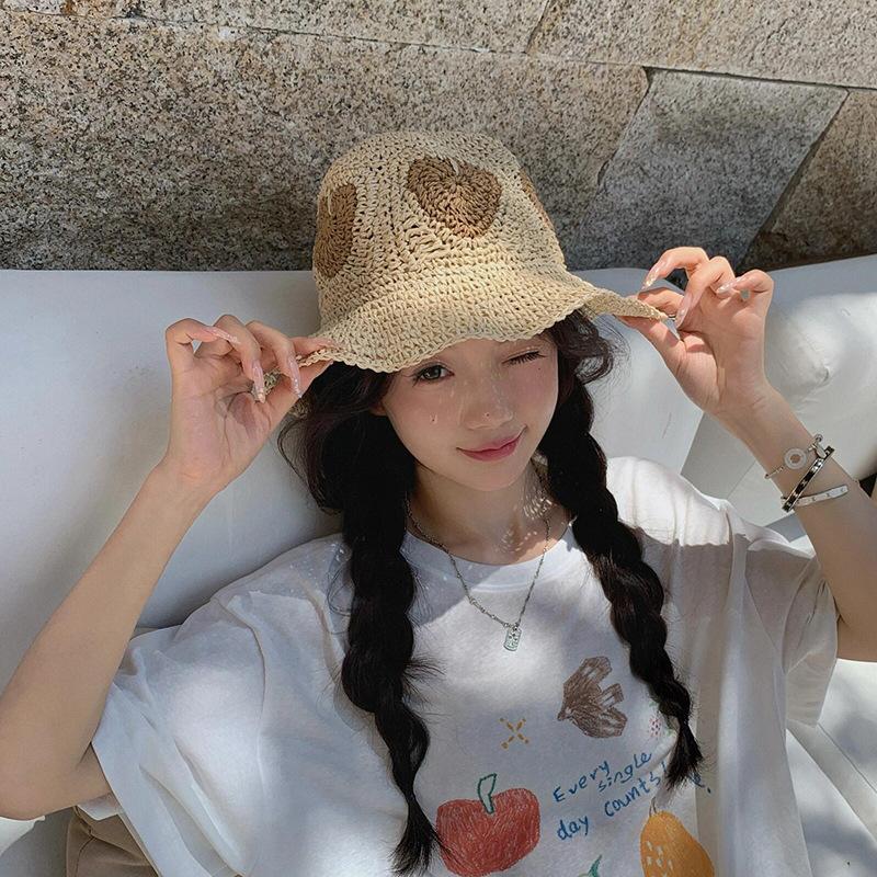Japanese Retro Handmade Large Hat Brim Love Straw Woven Breathable Straw Hat Summer Fisherman Hat Foldable Sun Hat