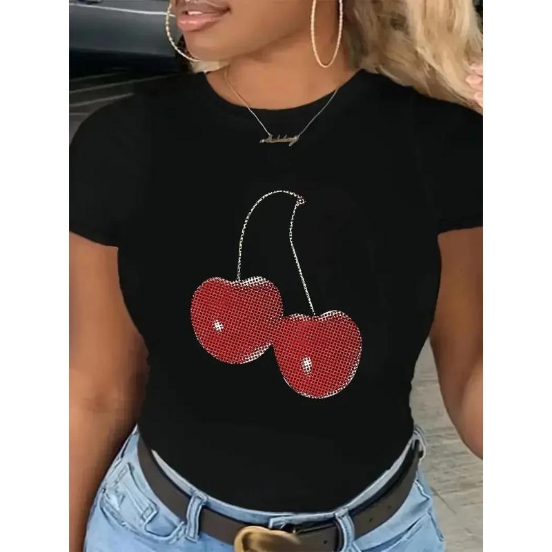 Summer Round Neck 3D Cherry Print Top Fashionable Casual Short Sleeved Women's T-shirts