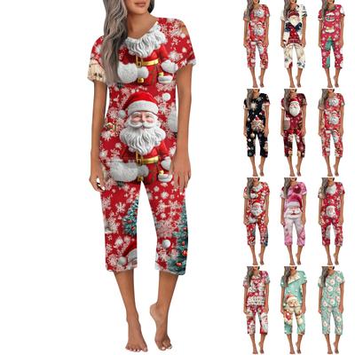 Women's Casual Sports Pajamas Short Sleeve Cropped Pants Christmas Printed Set