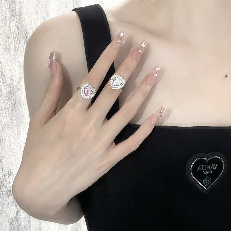 Love Diamond-Set Pink Zircon Colored Treasure Ring, Women'S Light Luxury High-End Sense Cold Wind Niche Design Open Ring