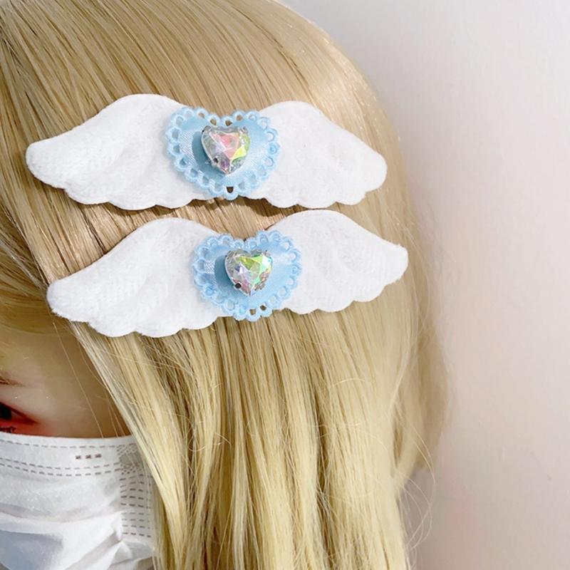 2pcs Lovely Hair Clip for Girl Plush Wing Shape Hair Barrettes with Rhinestones Heart Decals Braids Hair Clip for Girl