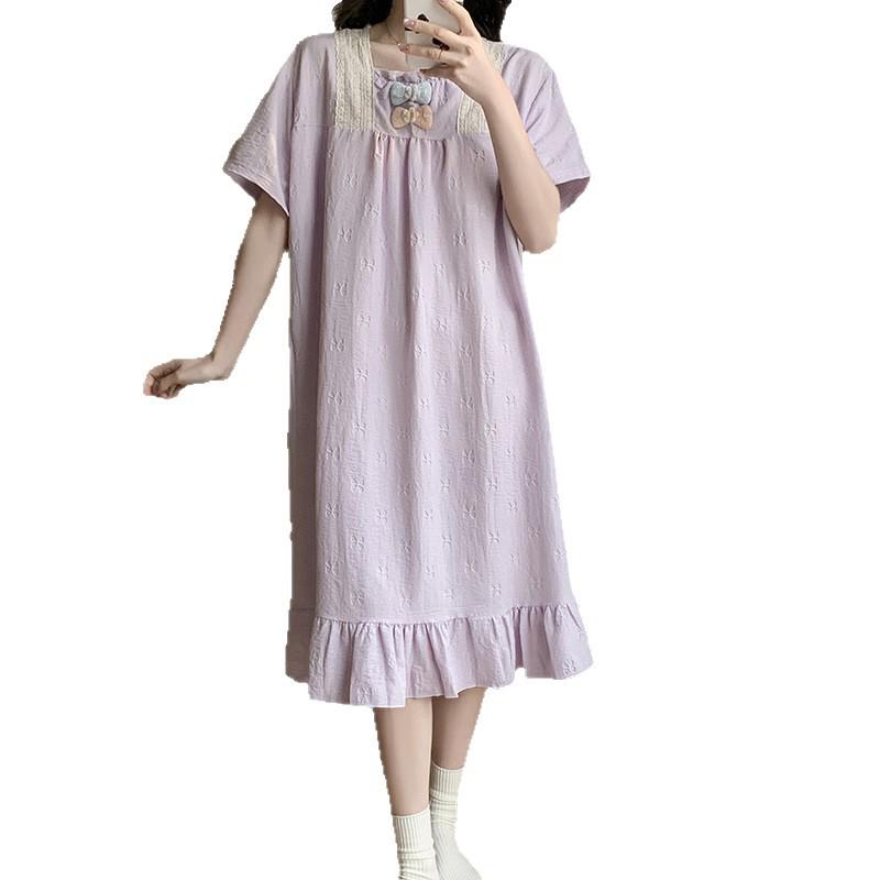 2026 Sommer Prinzessinnen-Stil Wolkenbaumwolle Nachthemd mit BH-Einlagen - Damen Gewebtes Geprägtes Kurzarm Langes Kleid