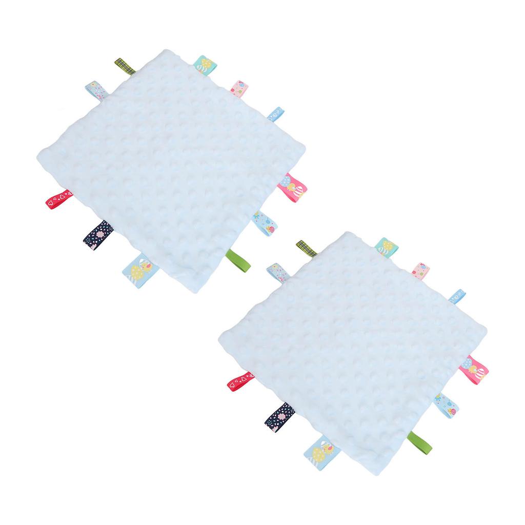 2 Stück Baby-Anhänger Sicherheitsdecke Reine Baumwolle 3D-Partikel Sensorische Entwicklung Baby-Komfortdecke mit bunten Anhängern Blau