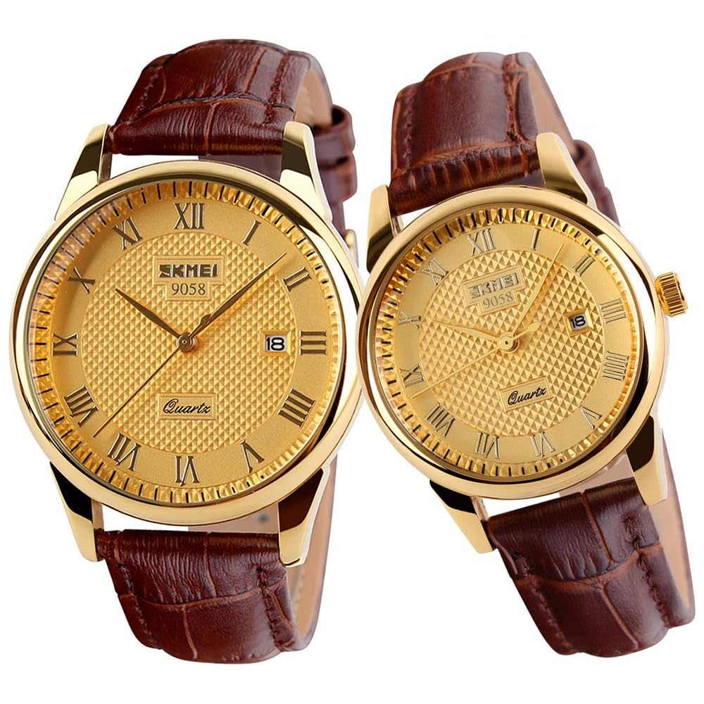 Men's Classic Analog Quartz Watch Gold Brown Leather Band Waterproof Casual Date Display