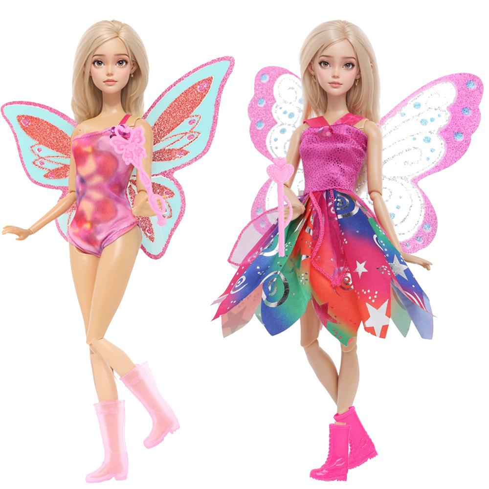6 Pcs Fairy Tale Princess Clothes and Accessories for 30cm Doll Fashion Doll Dress with Wings Mini Magic Wand Shoes Boots Kids Toy Gift