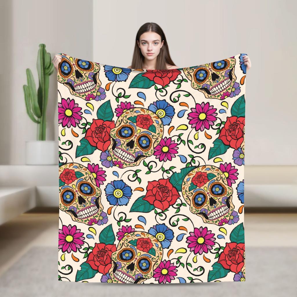 Sugar Skull Rose Halloween Knitted Blanket Flannel Gothic Day of the Dead Warm Throw Blankets for Bed Bedspread