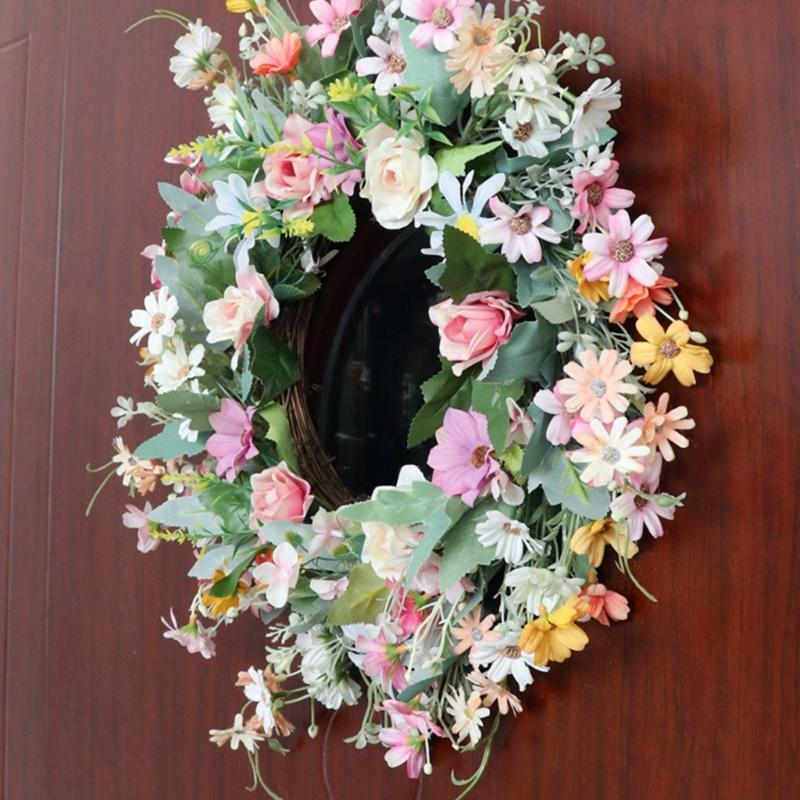 Corona de Flores Artificiales de Verano de 17.7 Pulgadas con Varios Tipos de Flores para Decoración de Puerta o Pared