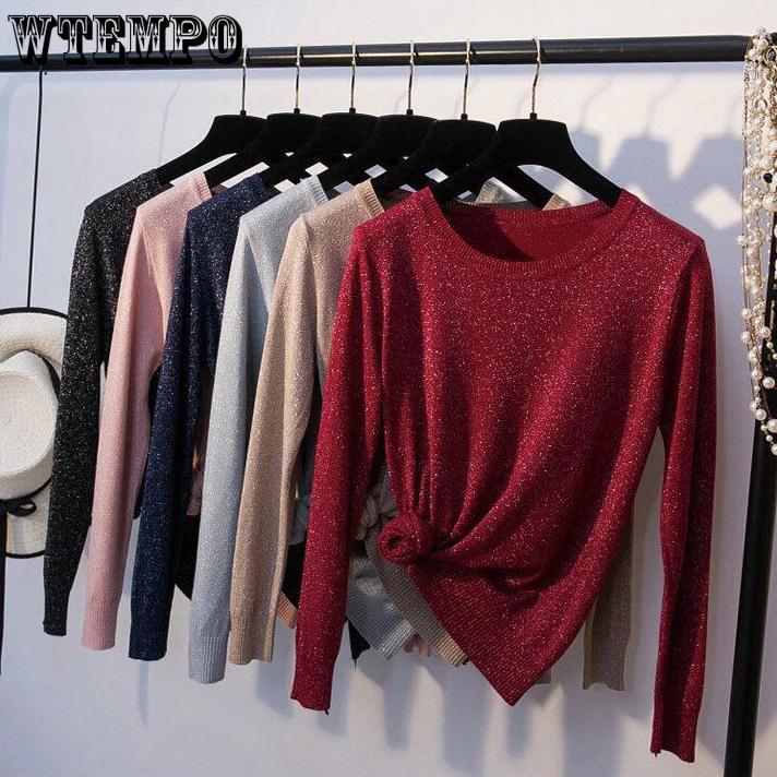 Shiny and Glittering Thin Sweater for Women Loose Knitted Sweater for Autumn Round-neck Pullover Long-sleeved Top