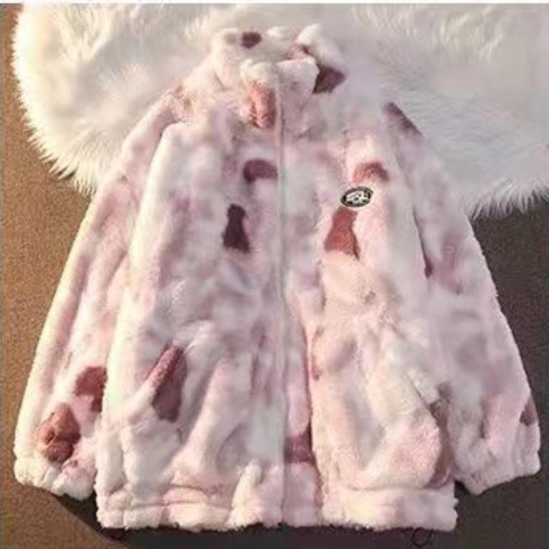New Women's Tie Dye Lamb Fleece Jacket Autumn Winter Zipper Outerwear Warm Plush Jackets Harajuku Casual Loose Female Thick Coat