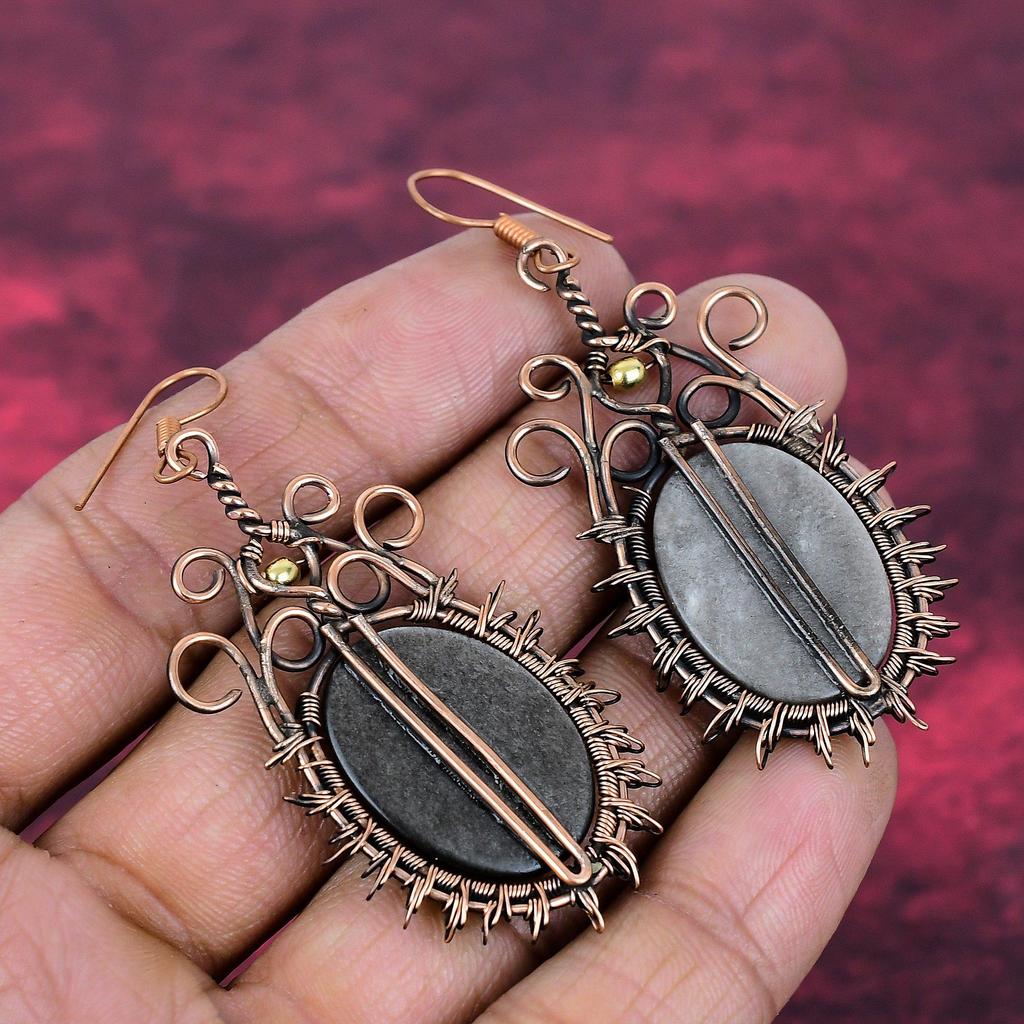 Silver Sheen Obsidian Earrings Copper Wire Wrapped Jewelry Real Gemstone Earring