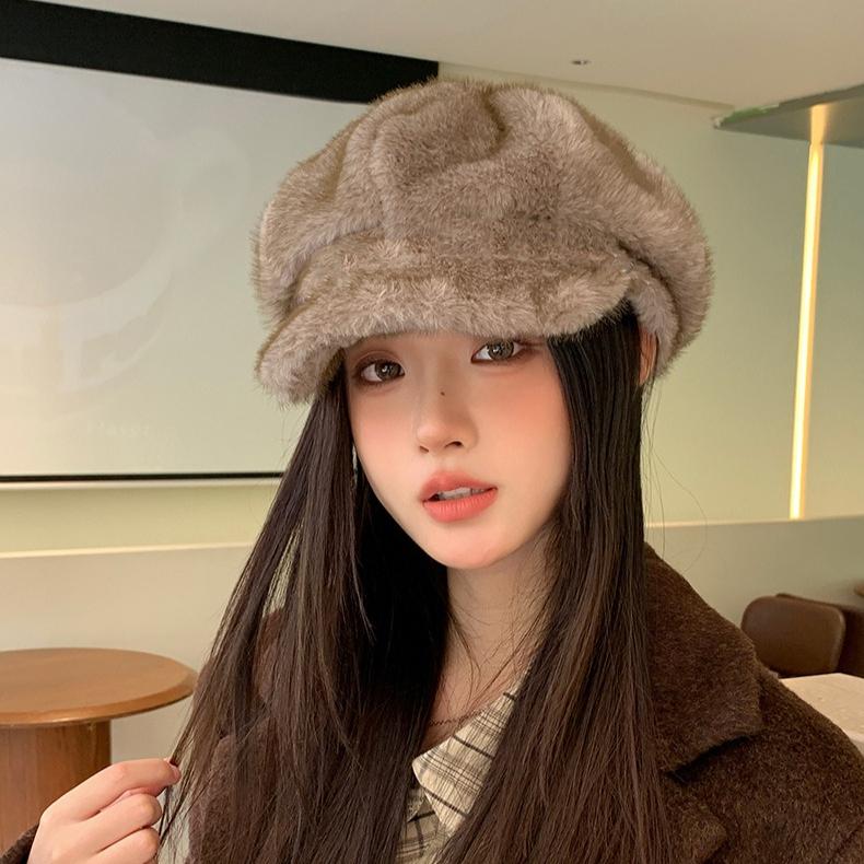 Autumn and Winter Hat Women's New Plush Cap Fashionable Warm Windproof Ear Hat Imitation Fur Octagonal Hat