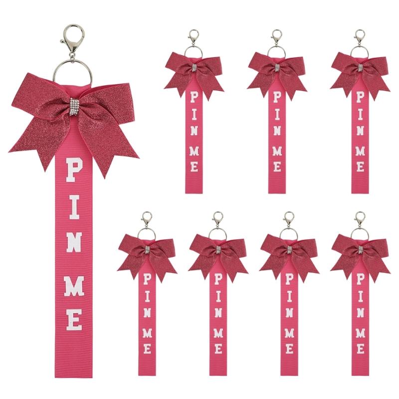 Pack of 8 Elegant Glitter Cheerleader Keychain Accessories Rhinestones Cheer Bowknot Ribbon Sports Team Spirit Gifts