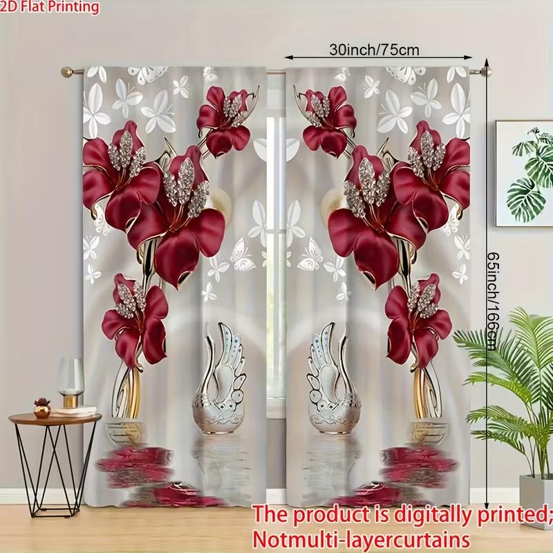 2pcs Red Floral & Swan Patterned Curtains, Design for Living Room Bedroom Elegant Home Window, Rod Pocket Curtains