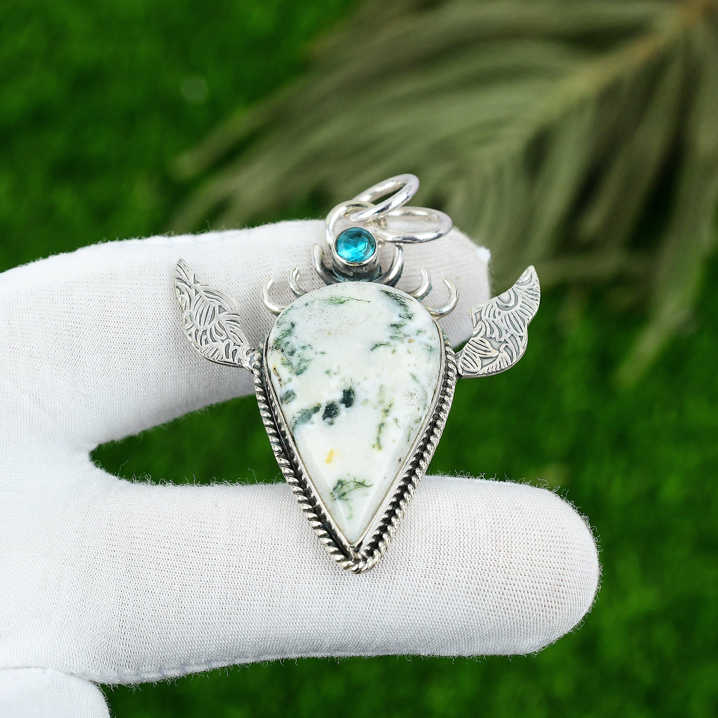 Pear Tree Agate Gemstone Topaz Sterling Silver Ethnic Sister Bezel Boho Pendant