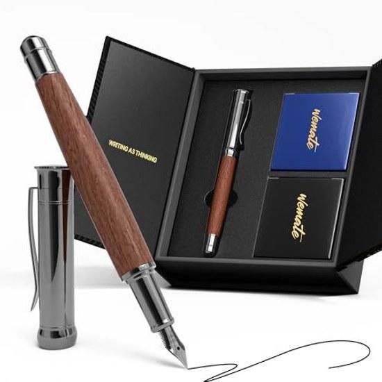 WEMATE Wooden Fountain Pen Set Fine Nib Ink Cartridges 20 Pieces (10 Black + 10 Blue) Includes 1 Converter Smooth Writing Feel Calligraphy Male Female