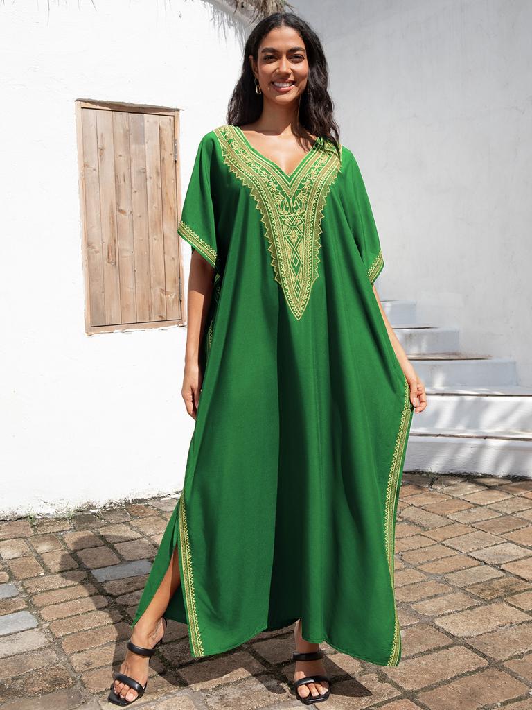 EDOLYNSA Sexy V-Ausschnitt Goldbesticktes Langes Strandkleid, Damen Retro Kaftan Locker Strandbekleidung Urlaub Badeanzug Bikini Cover-up