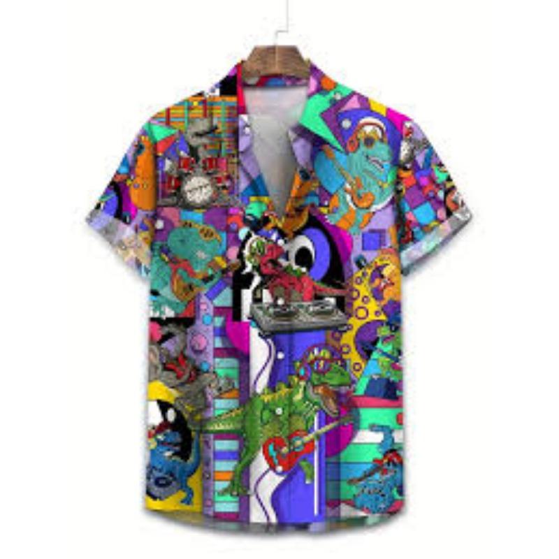 New Hawaiian Men's Shirt Balloon Dog Print Fashion Lapel Top Comfortable Casual Men's Short Sleeve Shirt G