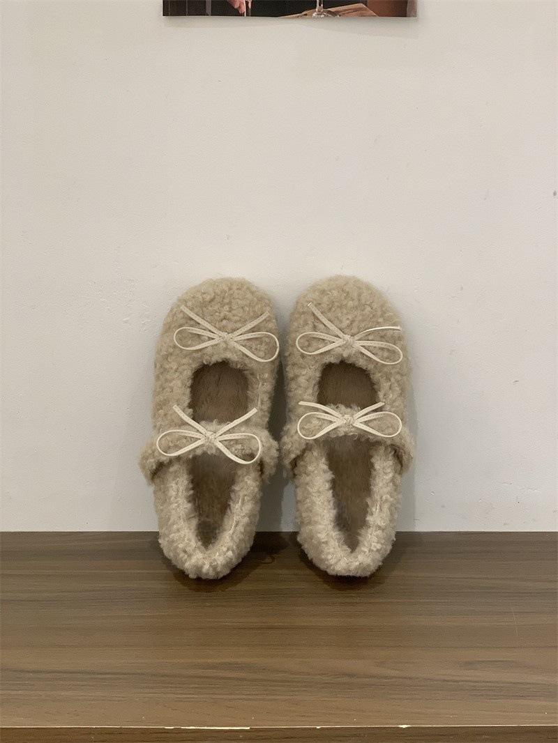 Bow small fragrant wind fluffy shoes wear velvet warm cotton shoes Mary Jane shoes 35