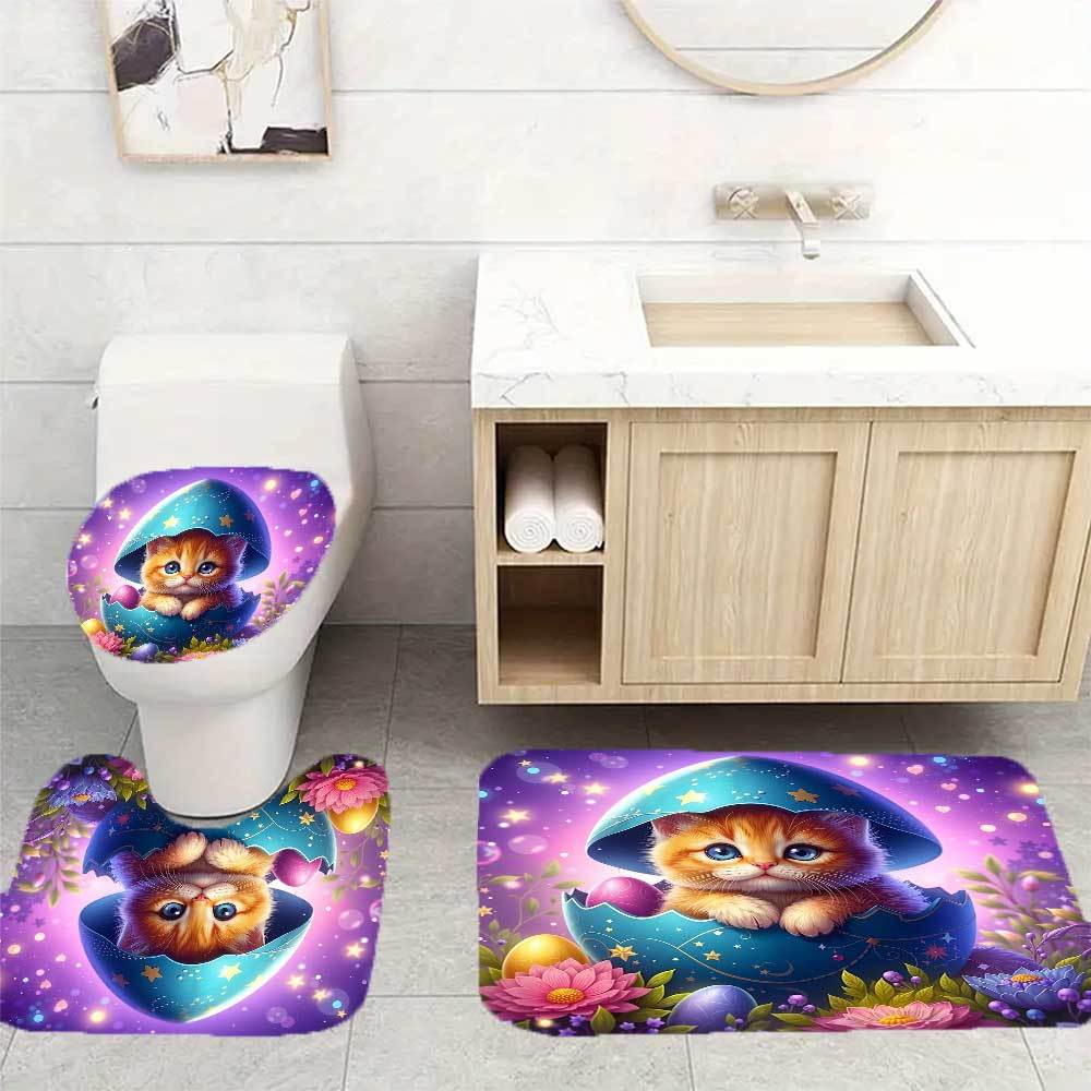 4Pcs Easterthemed Shower Curtain Set with Non-Slip Bath Mat, Toilet Lid Cover, Contour Rug & 12 Hooks, Bathroom Decor