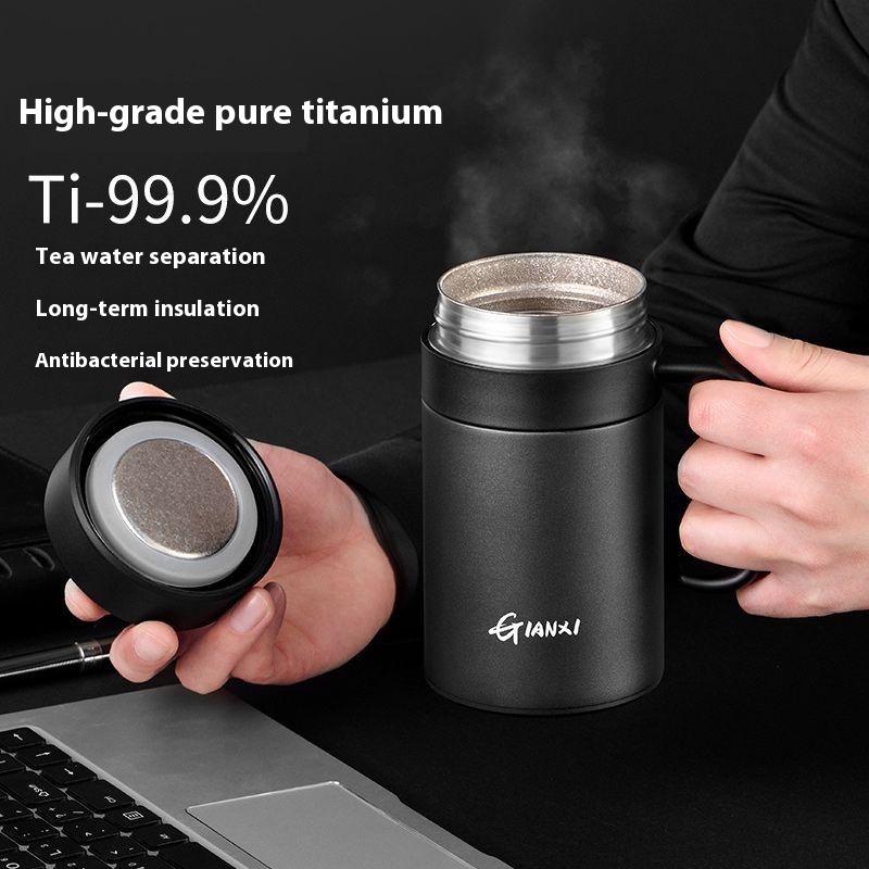 Чашка-термос из чистого титана, чашка для чая, разделительная чашка для чая с ручкой, большая вместительная мужская деловая офисная чашка для воды 420ml