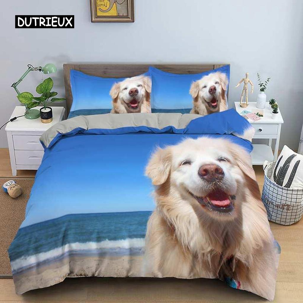 Lovely Animal 3D Bedding Sets White Duvet Quilt Cover Set Comforter Bed Linen Pillowcase King Queen 200*220cm Size Dogs Pets Dog
