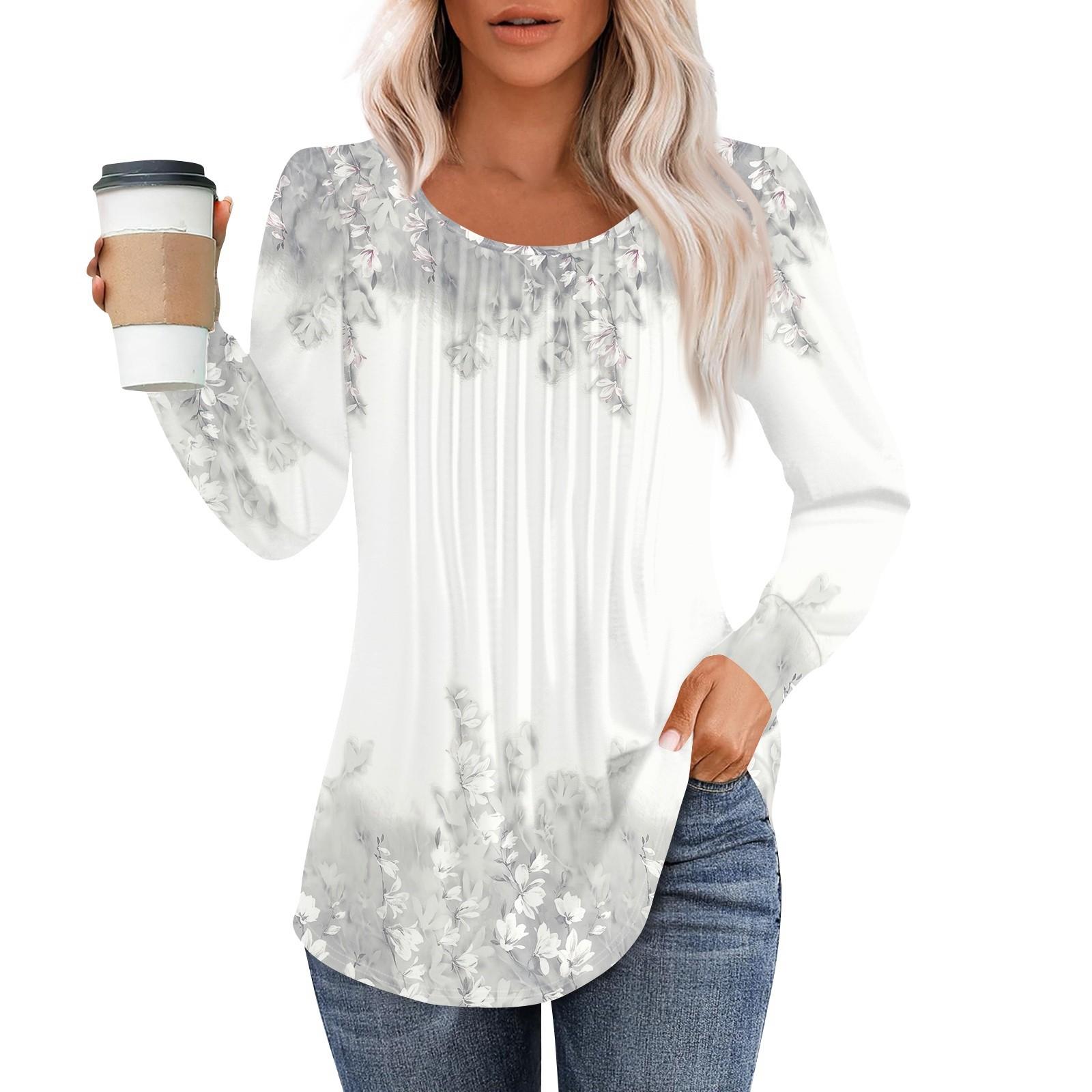 

Рубашки с длинным рукавом для женщин, топы, нарядные повседневные блузки, плиссированные топы-туники с круглым вырезом S белый