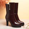 7cm 9cm Fashion Comfortable Soft Leather Boots Platform Shoes Winter 2025 Mid Calf Block High Heels Fur Plush Boots Office Mom
