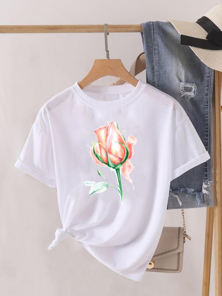 Kwiatek Słodki Trend lat 90. Uroczy Krótki Rękaw Nadruk Moda Graficzny T-shirt Kobiety Top Pani Damska Koszulka Tee Okrągły Dekolt Odzież Ubrania