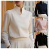 2026 Womens Solid Color Stand Collar Long Sleeve Blouse Elegant Office Wear Lightweight Cotton Blend Shirt