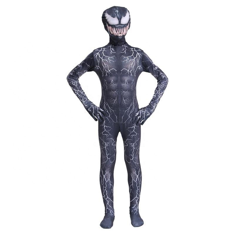 Kids Superhero Costume Venom with Lightning Bolts, Mask Set, Lycra, 4-5 Years, 120cm, Black/White