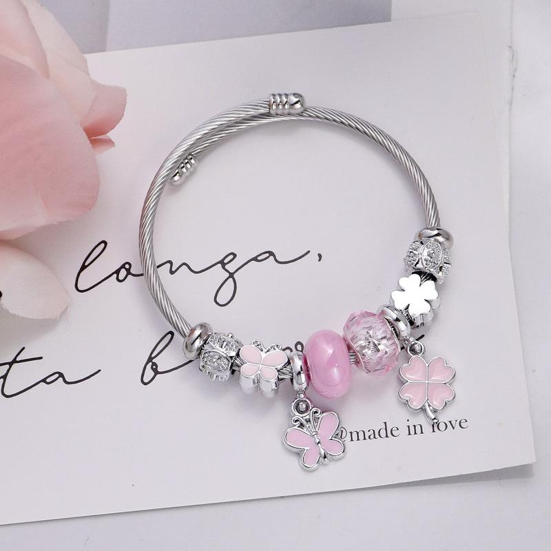 Lucky Four Leaf Clover Butterfly Beaded Bracelet For Women Stainless Steel Minimalist Fashion Jewelry розовый